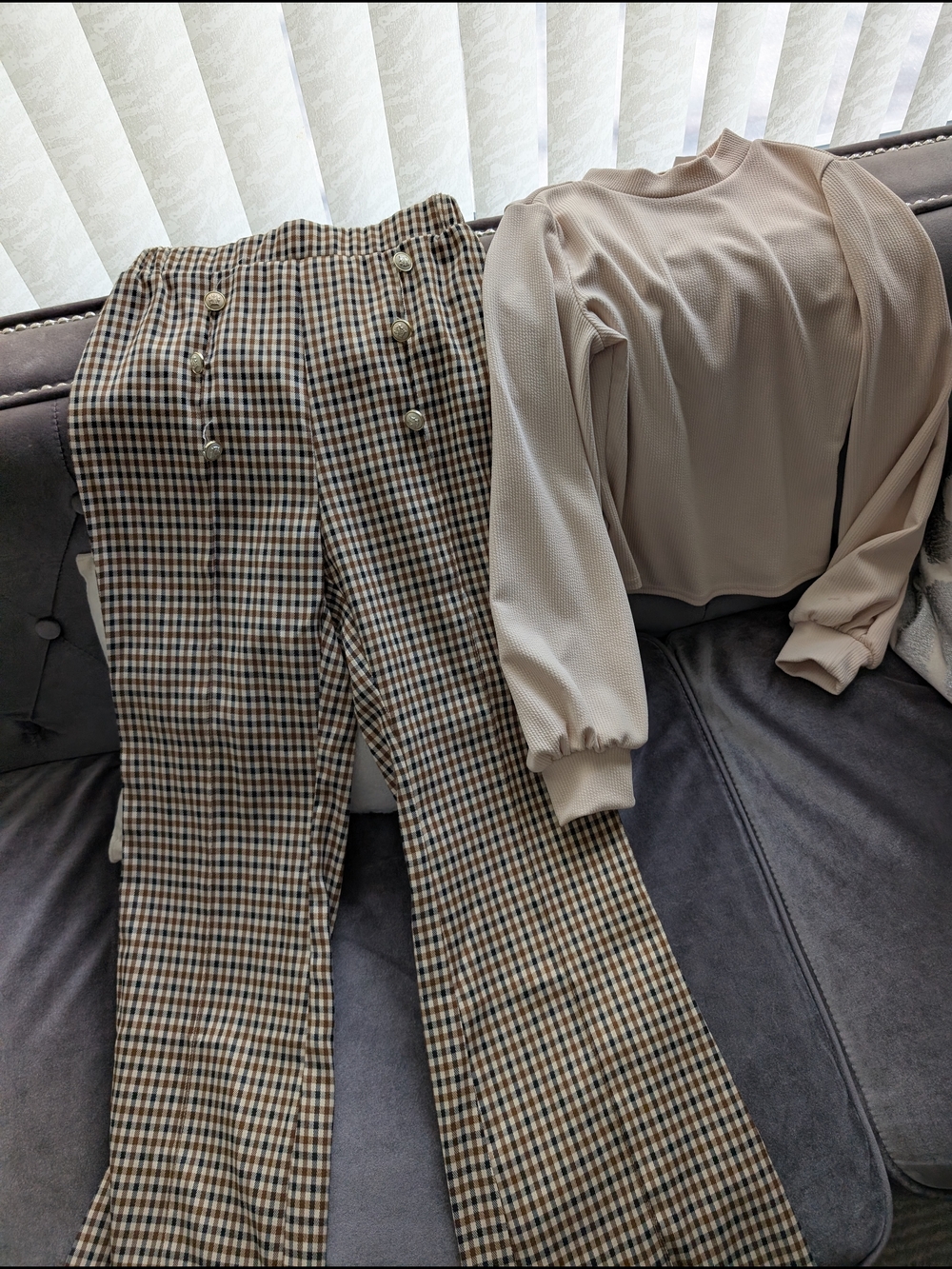 High-Waist Plaid Flare Pants in Brown